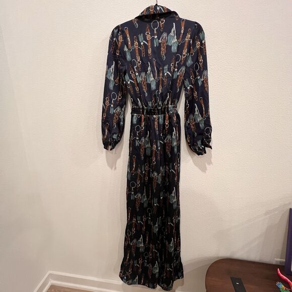 Fashion Nova The Entertainer Satin Jumpsuit Navy Sz XS Chain Tassel Print Rodeo - Picture 9 of 15